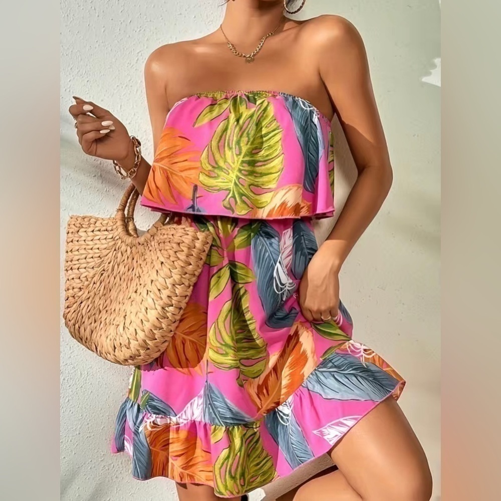 Tropical Print Ruffle Hem Tube Dress